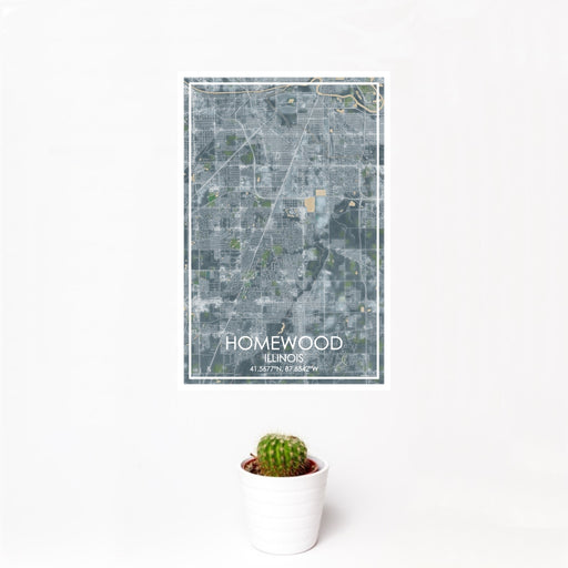 12x18 Homewood Illinois Map Print Portrait Orientation in Afternoon Style With Small Cactus Plant in White Planter