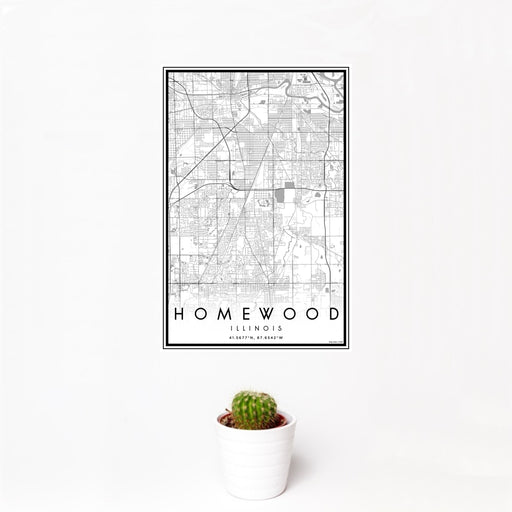 12x18 Homewood Illinois Map Print Portrait Orientation in Classic Style With Small Cactus Plant in White Planter