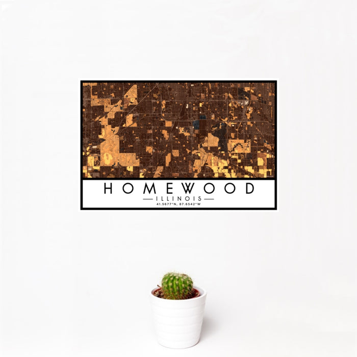 12x18 Homewood Illinois Map Print Landscape Orientation in Ember Style With Small Cactus Plant in White Planter