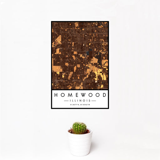 12x18 Homewood Illinois Map Print Portrait Orientation in Ember Style With Small Cactus Plant in White Planter