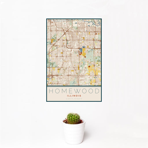 12x18 Homewood Illinois Map Print Portrait Orientation in Woodblock Style With Small Cactus Plant in White Planter