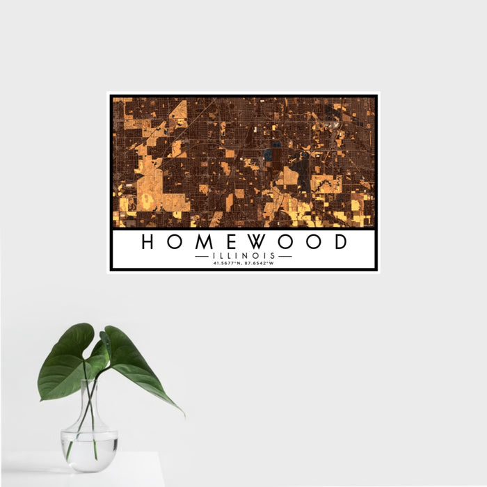 16x24 Homewood Illinois Map Print Landscape Orientation in Ember Style With Tropical Plant Leaves in Water