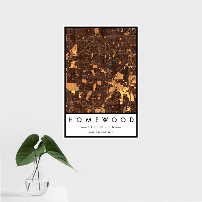 16x24 Homewood Illinois Map Print Portrait Orientation in Ember Style With Tropical Plant Leaves in Water