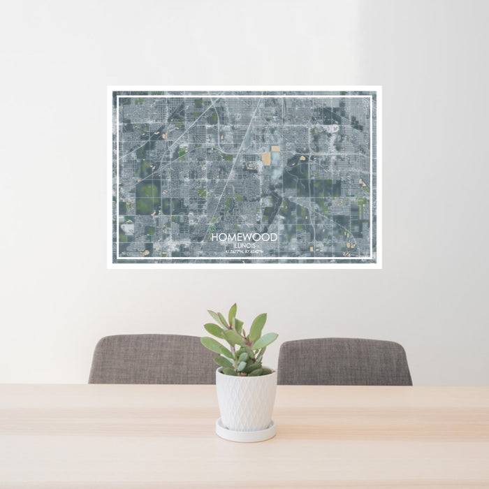 24x36 Homewood Illinois Map Print Lanscape Orientation in Afternoon Style Behind 2 Chairs Table and Potted Plant