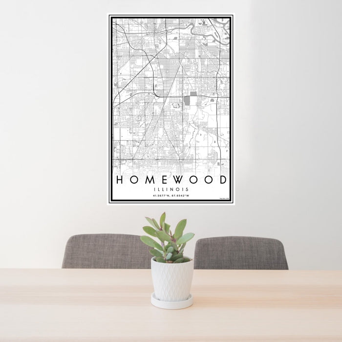24x36 Homewood Illinois Map Print Portrait Orientation in Classic Style Behind 2 Chairs Table and Potted Plant