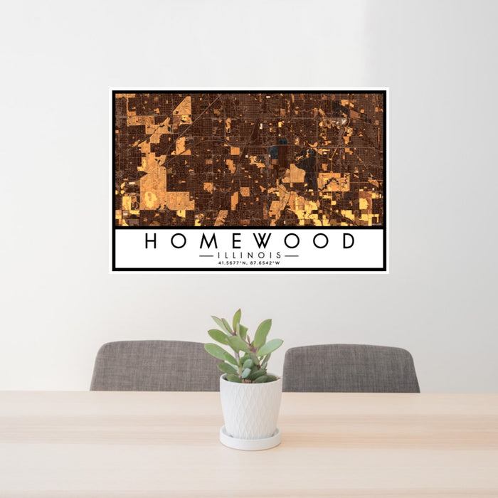 24x36 Homewood Illinois Map Print Lanscape Orientation in Ember Style Behind 2 Chairs Table and Potted Plant