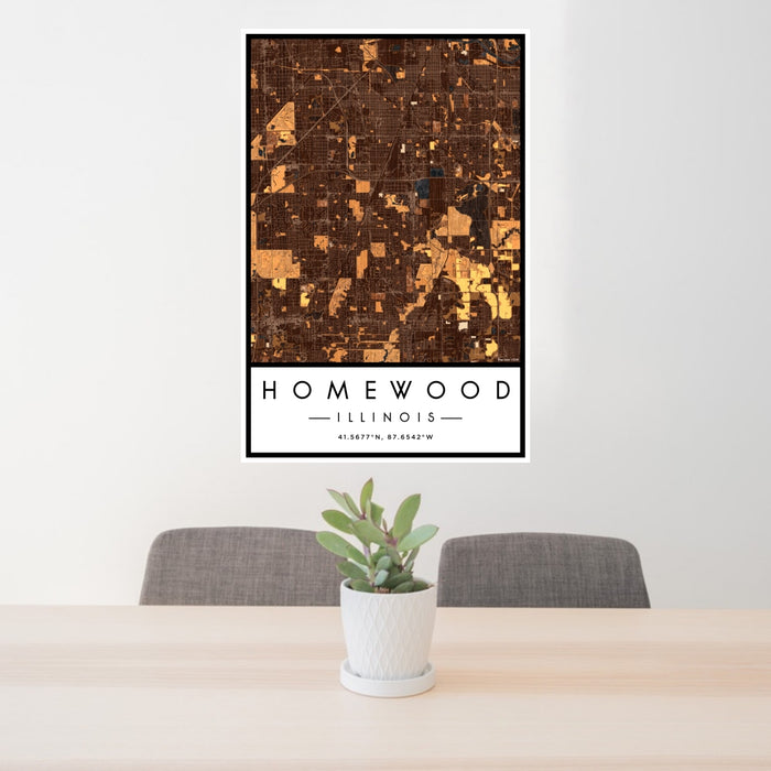 24x36 Homewood Illinois Map Print Portrait Orientation in Ember Style Behind 2 Chairs Table and Potted Plant
