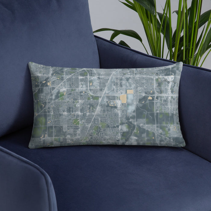 Custom Homewood Illinois Map Throw Pillow in Afternoon on Blue Colored Chair