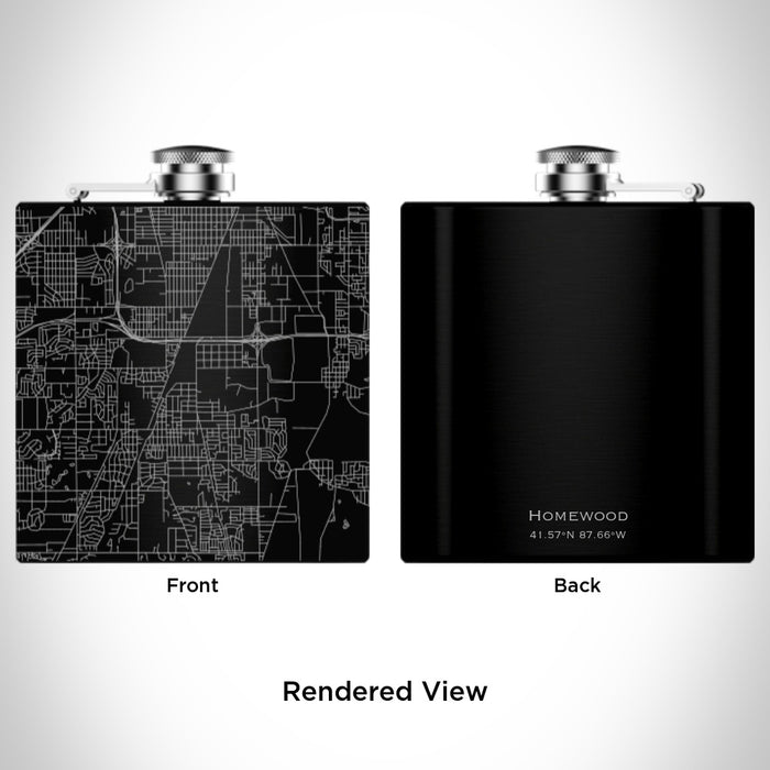 Rendered View of Homewood Illinois Map Engraving on 6oz Stainless Steel Flask in Black