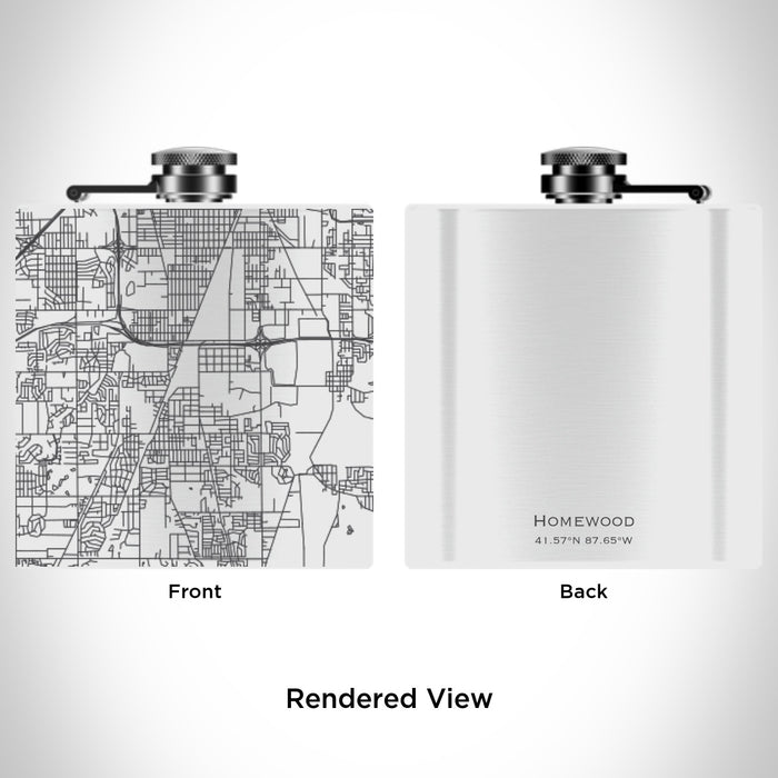 Rendered View of Homewood Illinois Map Engraving on 6oz Stainless Steel Flask in White