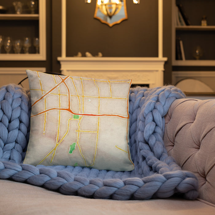 Custom Homewood Illinois Map Throw Pillow in Watercolor on Cream Colored Couch