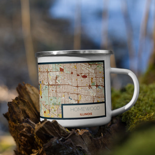 Right View Custom Homewood Illinois Map Enamel Mug in Woodblock on Grass With Trees in Background