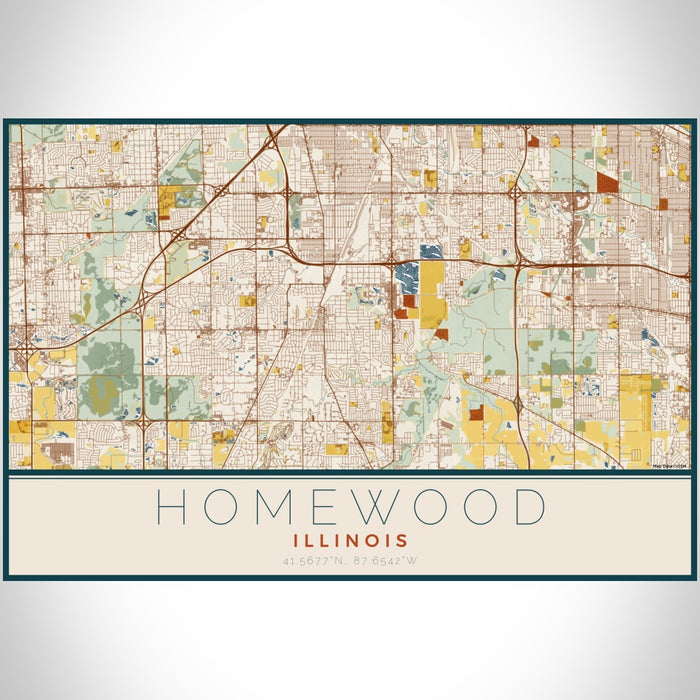 Homewood Illinois Map Print Landscape Orientation in Woodblock Style With Shaded Background