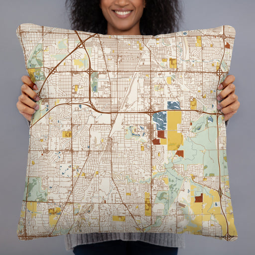 Person holding 22x22 Custom Homewood Illinois Map Throw Pillow in Woodblock