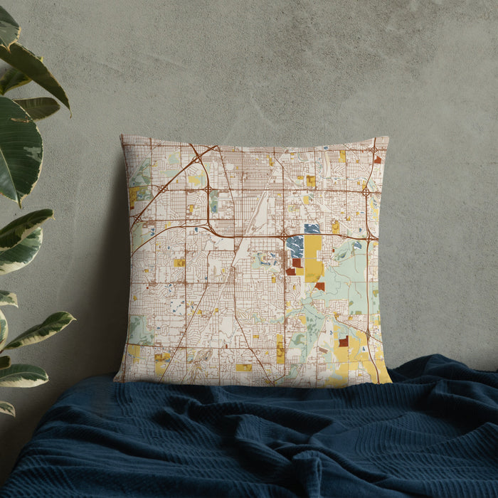 Custom Homewood Illinois Map Throw Pillow in Woodblock on Bedding Against Wall