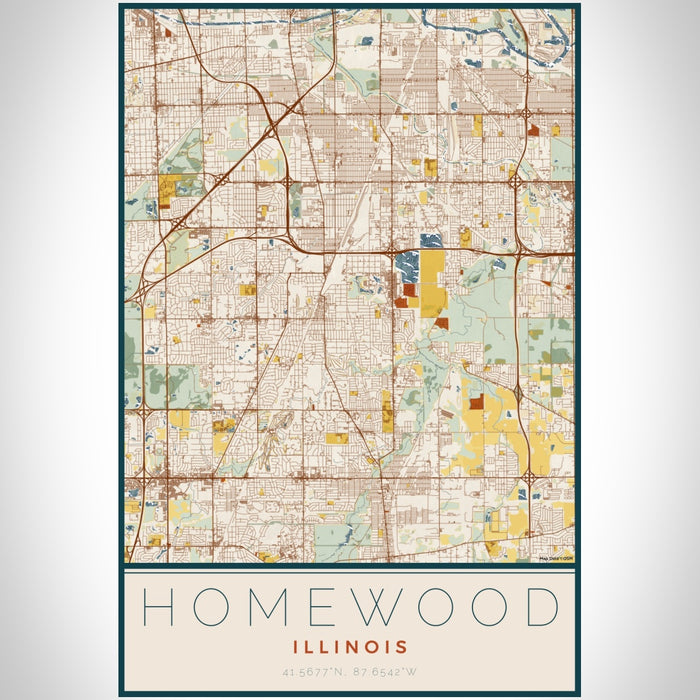 Homewood Illinois Map Print Portrait Orientation in Woodblock Style With Shaded Background