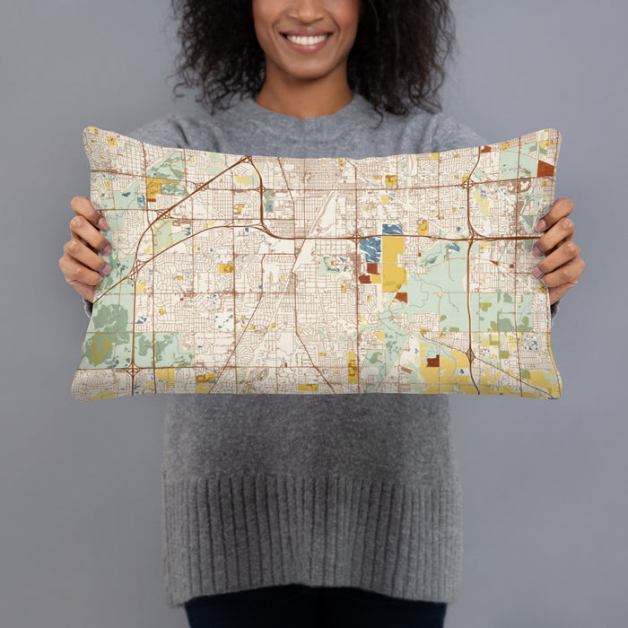 Person holding 20x12 Custom Homewood Illinois Map Throw Pillow in Woodblock