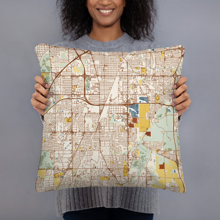 Person holding 18x18 Custom Homewood Illinois Map Throw Pillow in Woodblock