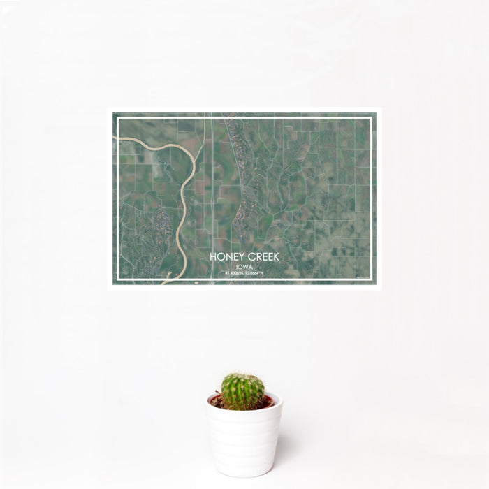 12x18 Honey Creek Iowa Map Print Landscape Orientation in Afternoon Style With Small Cactus Plant in White Planter
