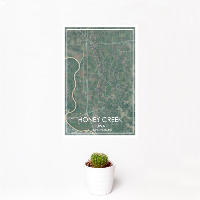 12x18 Honey Creek Iowa Map Print Portrait Orientation in Afternoon Style With Small Cactus Plant in White Planter