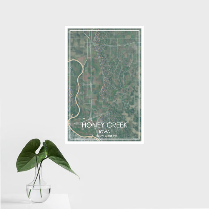 16x24 Honey Creek Iowa Map Print Portrait Orientation in Afternoon Style With Tropical Plant Leaves in Water