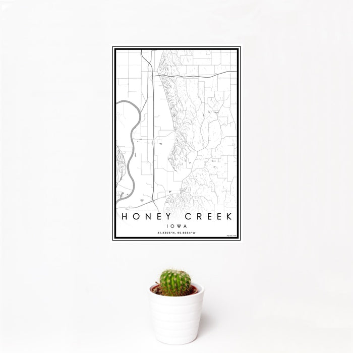 12x18 Honey Creek Iowa Map Print Portrait Orientation in Classic Style With Small Cactus Plant in White Planter