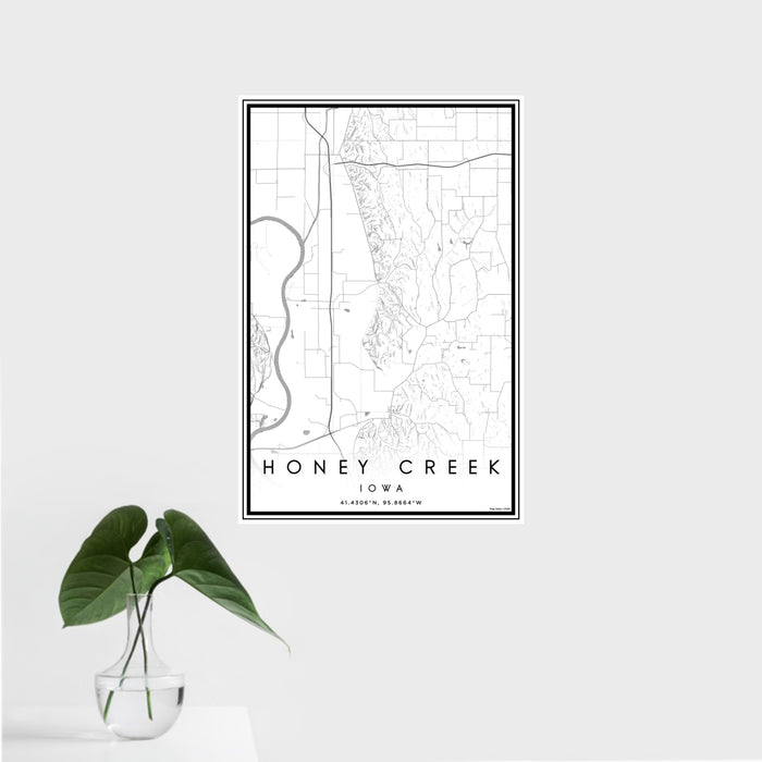 16x24 Honey Creek Iowa Map Print Portrait Orientation in Classic Style With Tropical Plant Leaves in Water
