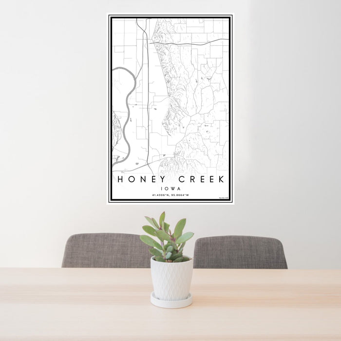24x36 Honey Creek Iowa Map Print Portrait Orientation in Classic Style Behind 2 Chairs Table and Potted Plant