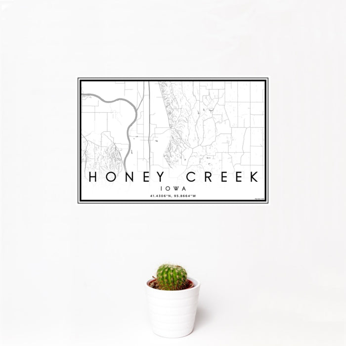 12x18 Honey Creek Iowa Map Print Landscape Orientation in Classic Style With Small Cactus Plant in White Planter