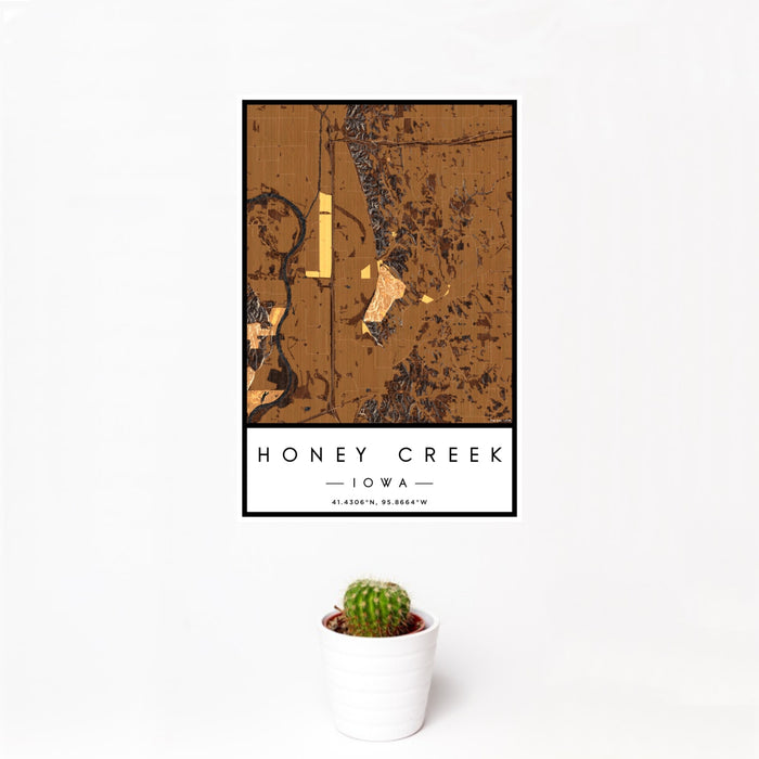 12x18 Honey Creek Iowa Map Print Portrait Orientation in Ember Style With Small Cactus Plant in White Planter