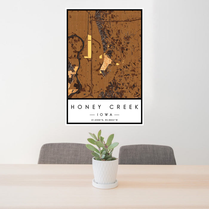 24x36 Honey Creek Iowa Map Print Portrait Orientation in Ember Style Behind 2 Chairs Table and Potted Plant