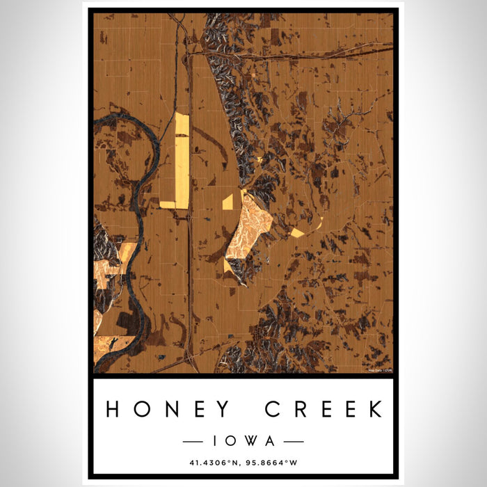 Honey Creek Iowa Map Print Portrait Orientation in Ember Style With Shaded Background