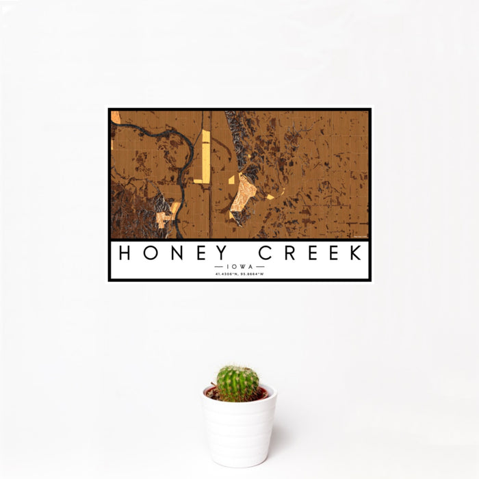 12x18 Honey Creek Iowa Map Print Landscape Orientation in Ember Style With Small Cactus Plant in White Planter
