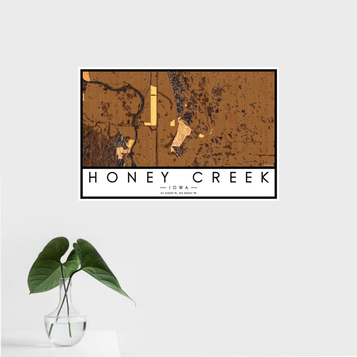 16x24 Honey Creek Iowa Map Print Landscape Orientation in Ember Style With Tropical Plant Leaves in Water