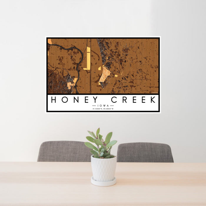 24x36 Honey Creek Iowa Map Print Landscape Orientation in Ember Style Behind 2 Chairs Table and Potted Plant