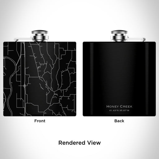 Rendered View of Honey Creek Iowa Map Engraving on 6oz Stainless Steel Flask in Black