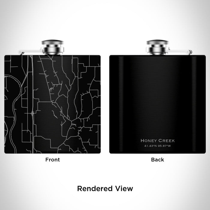 Rendered View of Honey Creek Iowa Map Engraving on 6oz Stainless Steel Flask in Black