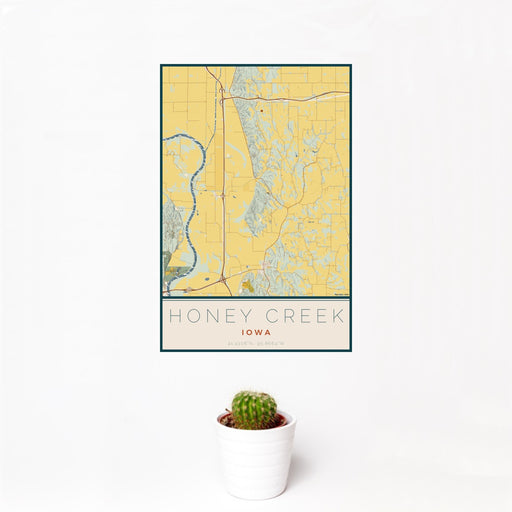 12x18 Honey Creek Iowa Map Print Portrait Orientation in Woodblock Style With Small Cactus Plant in White Planter