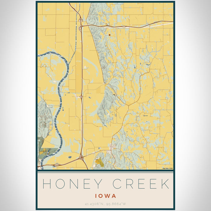 Honey Creek Iowa Map Print Portrait Orientation in Woodblock Style With Shaded Background