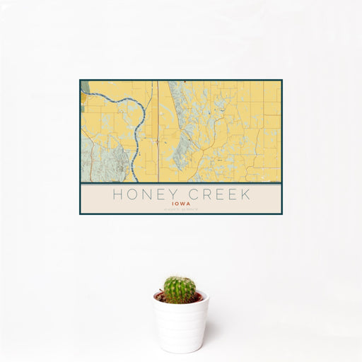 12x18 Honey Creek Iowa Map Print Landscape Orientation in Woodblock Style With Small Cactus Plant in White Planter