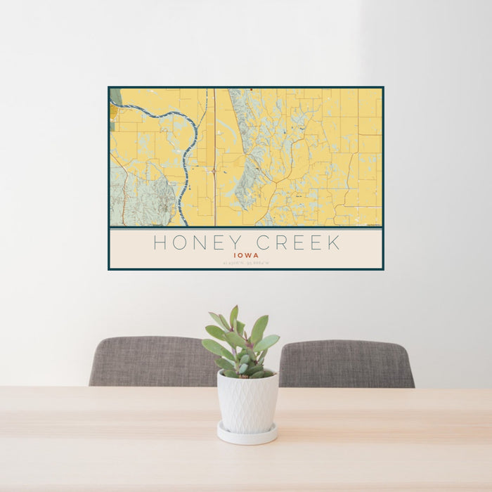 24x36 Honey Creek Iowa Map Print Landscape Orientation in Woodblock Style Behind 2 Chairs Table and Potted Plant