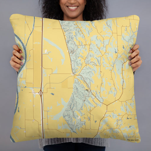 Person holding 22x22 Custom Honey Creek Iowa Map Throw Pillow in Woodblock