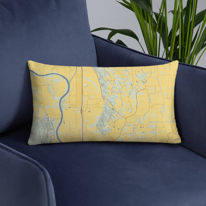 Custom Honey Creek Iowa Map Throw Pillow in Woodblock on Blue Colored Chair