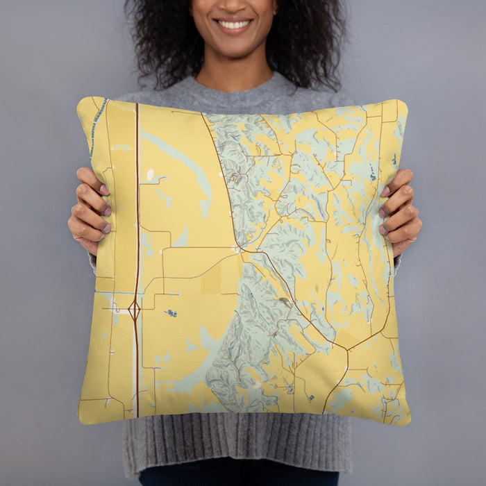 Person holding 18x18 Custom Honey Creek Iowa Map Throw Pillow in Woodblock