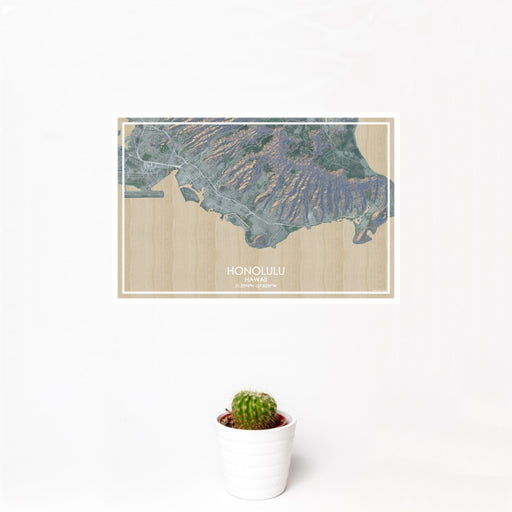 12x18 Honolulu Hawaii Map Print Landscape Orientation in Afternoon Style With Small Cactus Plant in White Planter