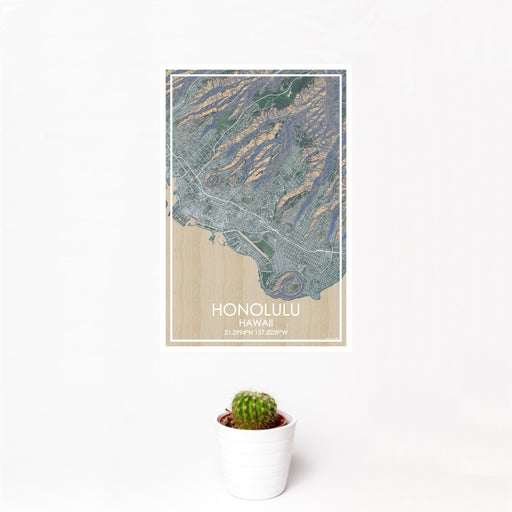 12x18 Honolulu Hawaii Map Print Portrait Orientation in Afternoon Style With Small Cactus Plant in White Planter