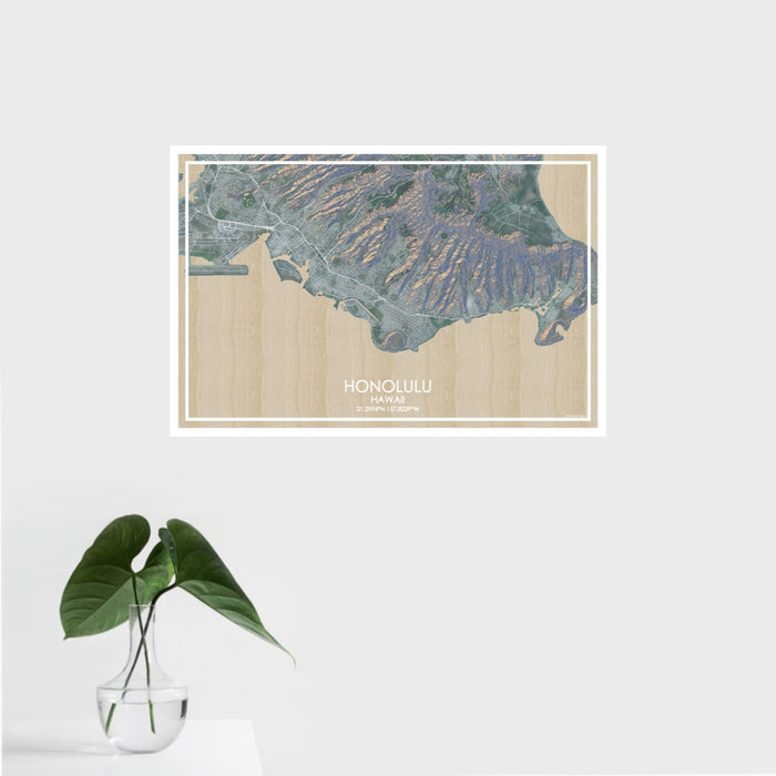 16x24 Honolulu Hawaii Map Print Landscape Orientation in Afternoon Style With Tropical Plant Leaves in Water