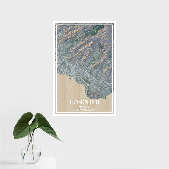 16x24 Honolulu Hawaii Map Print Portrait Orientation in Afternoon Style With Tropical Plant Leaves in Water