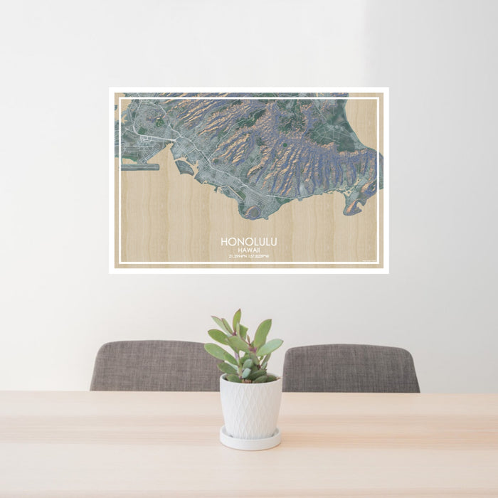 24x36 Honolulu Hawaii Map Print Lanscape Orientation in Afternoon Style Behind 2 Chairs Table and Potted Plant