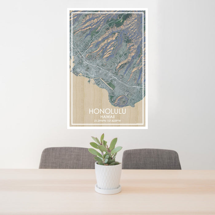 24x36 Honolulu Hawaii Map Print Portrait Orientation in Afternoon Style Behind 2 Chairs Table and Potted Plant